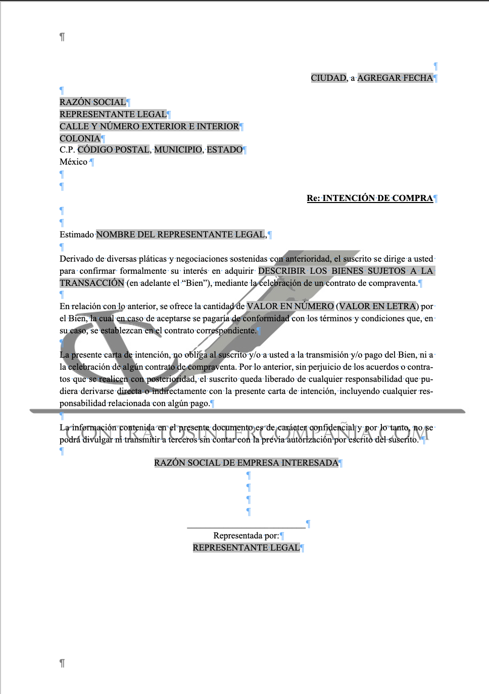 Carta de intención de compra-venta - Contratos Intercompañía