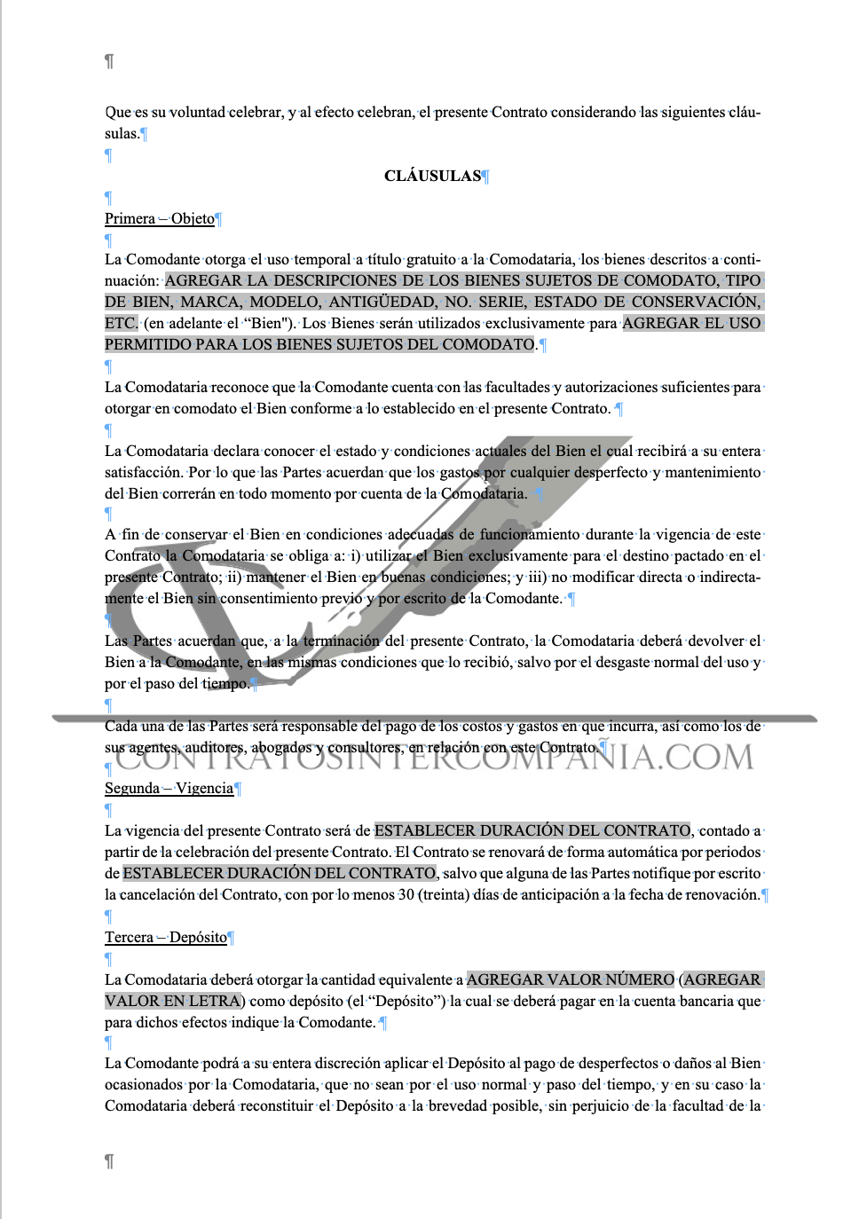 Contrato comodato - Contratos Intercompañía