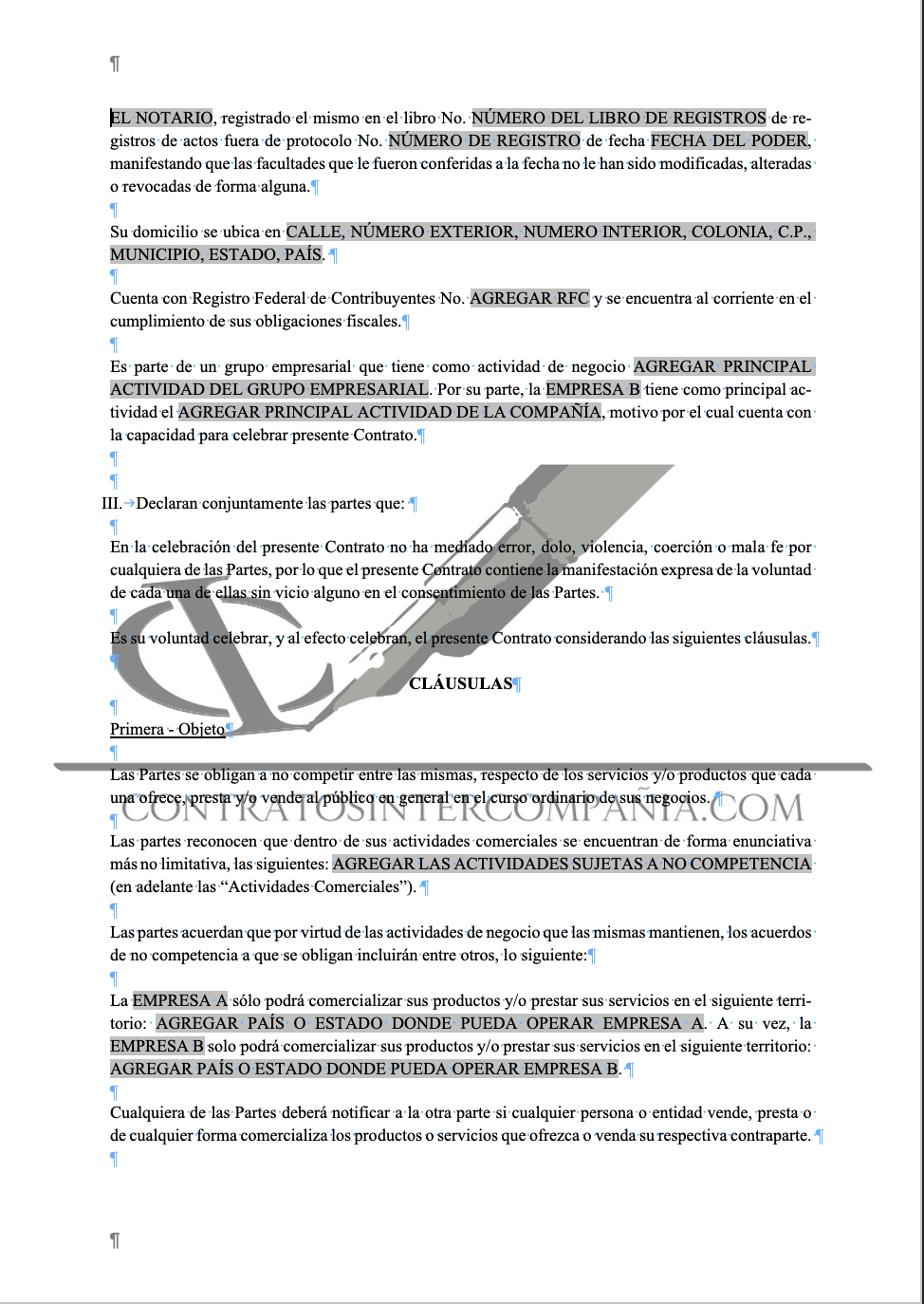 Contrato de no competencia - Contratos Intercompañía